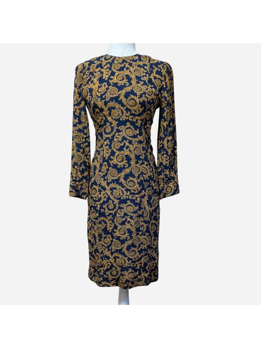1990s Liz Claiborne Navy Gold Baroque Print Long Sleeve Sheath Dress Size 2 P
